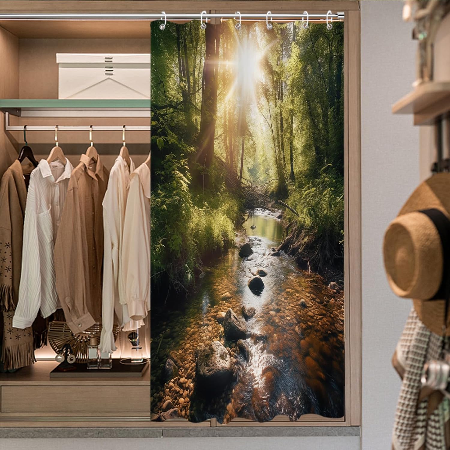 Sage Green Forest Shower Curtain Set with Hooks 36x72 Waterproof