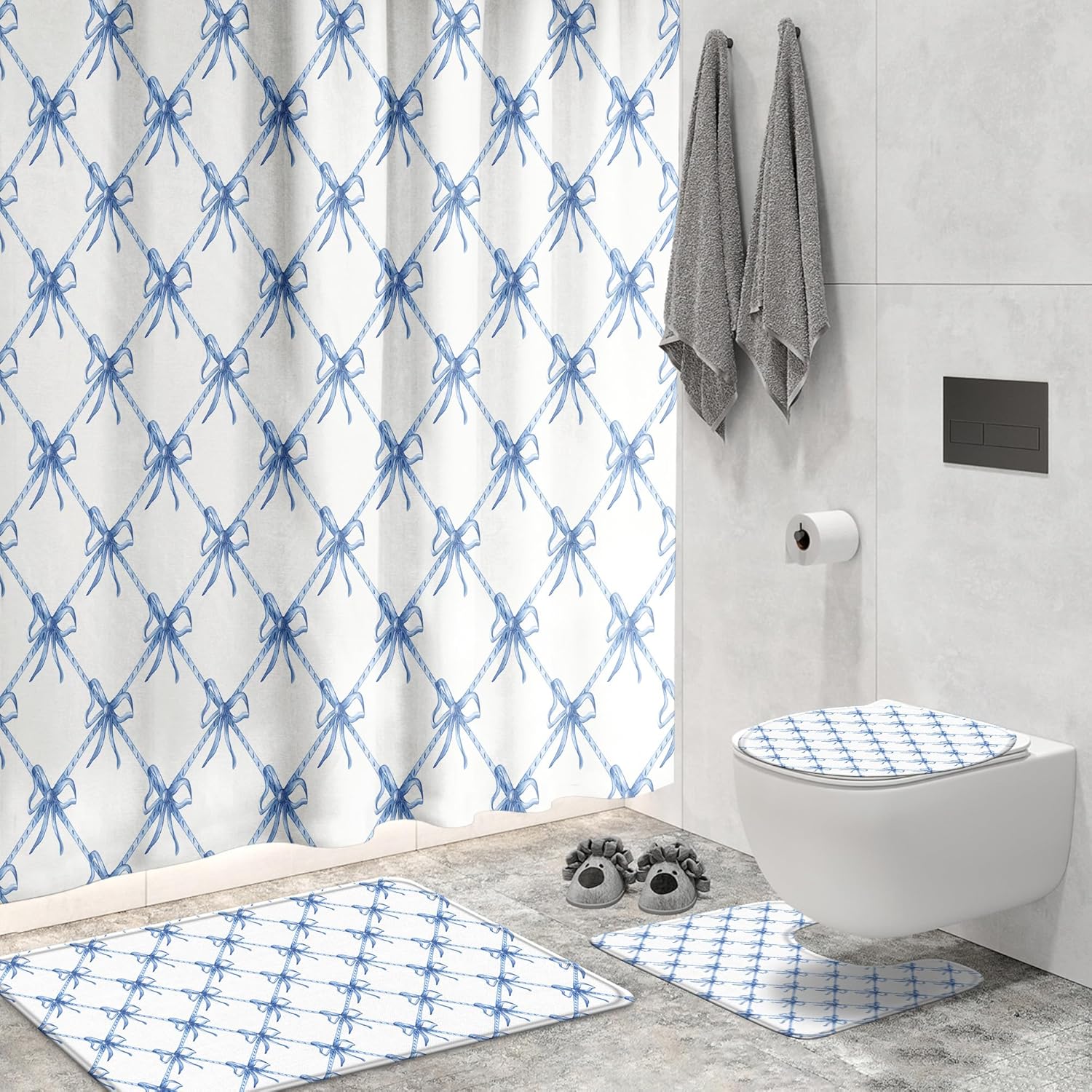 KAIRA 4 Pcs Blue White Bow Bathroom Set with Mats and Hooks