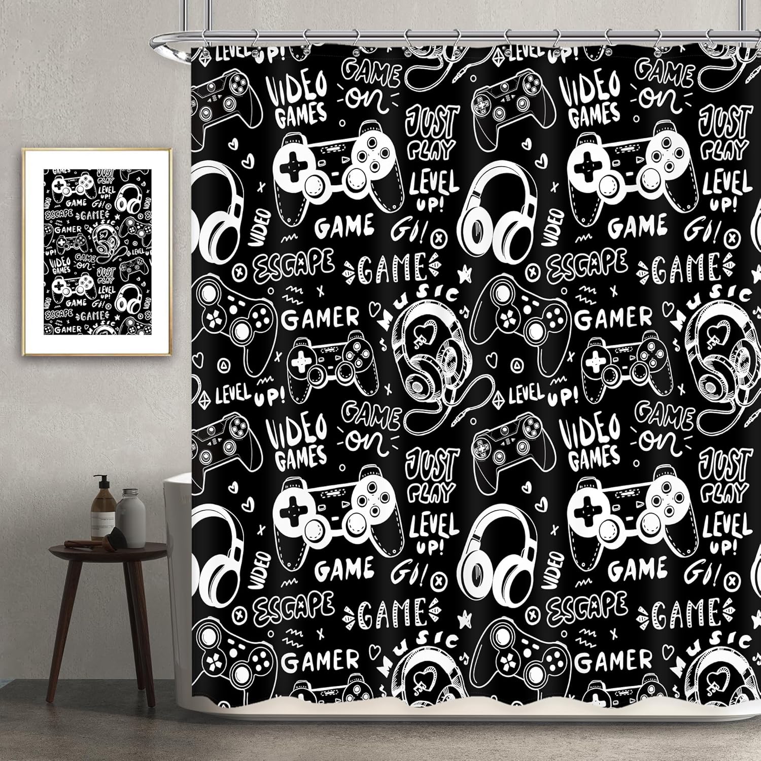 Boys Gamer Shower Curtain 72Wx72H Inch Gaming Controller Waterproof Design