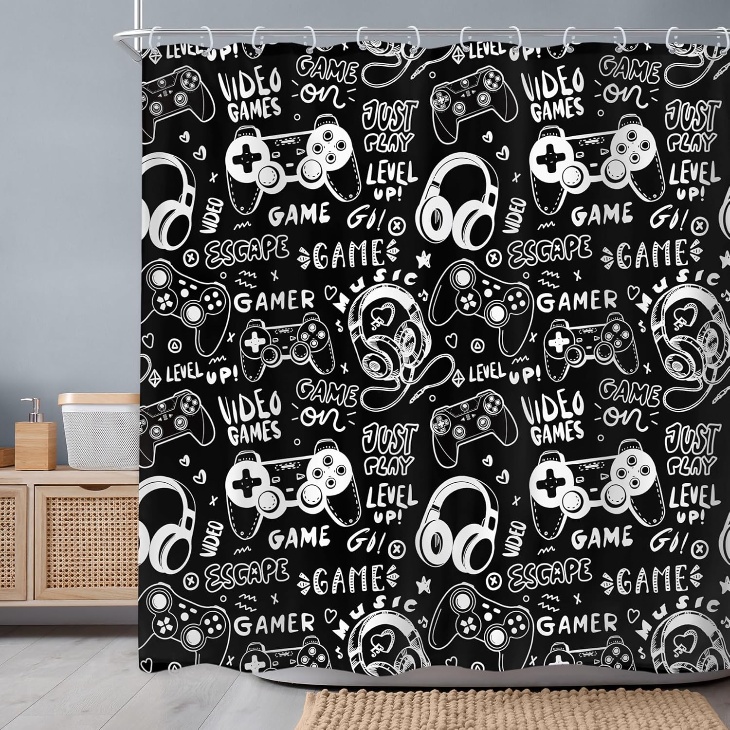 Boys Gamer Shower Curtain 72Wx72H Inch Gaming Controller Waterproof Design
