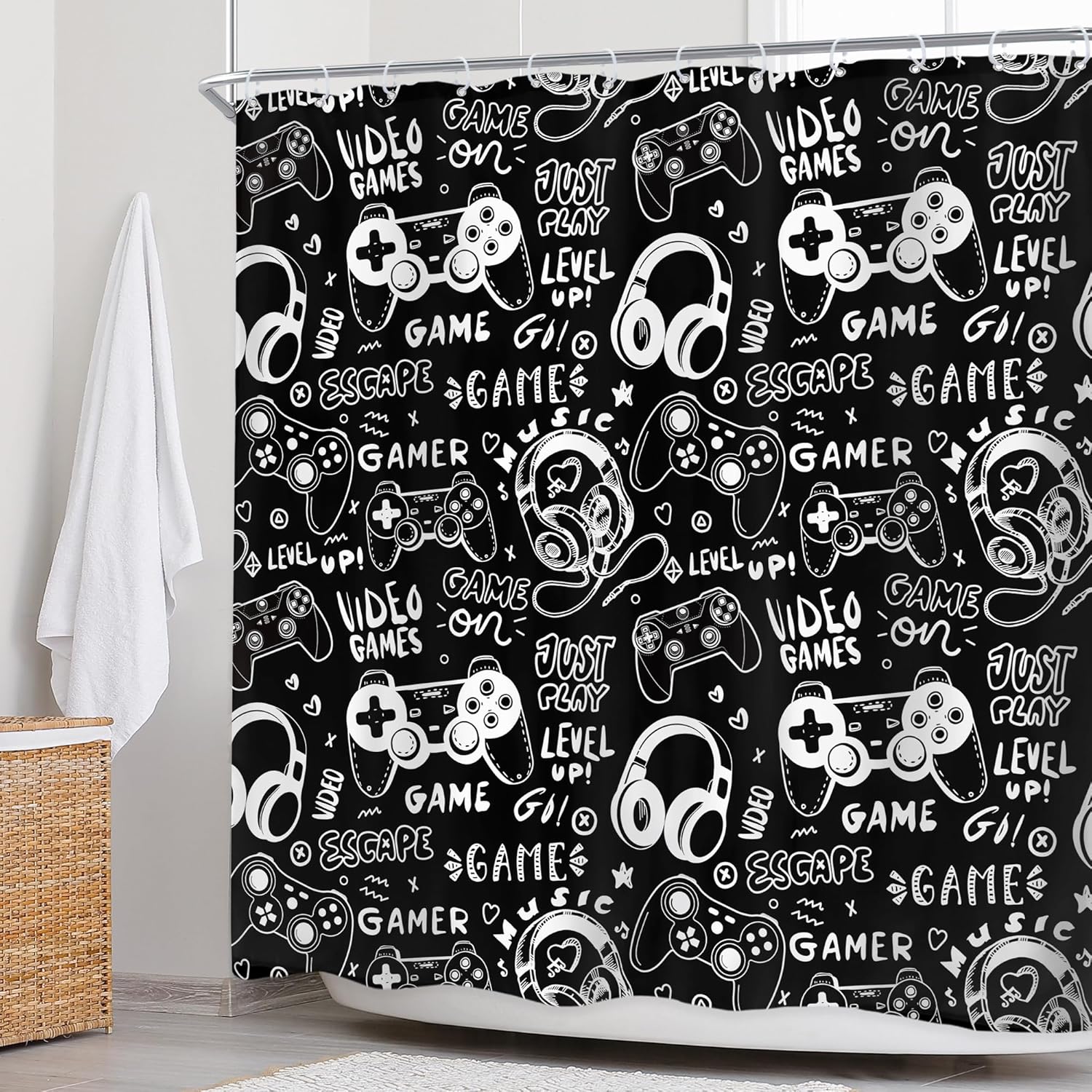 Boys Gamer Shower Curtain 72Wx72H Inch Gaming Controller Waterproof Design