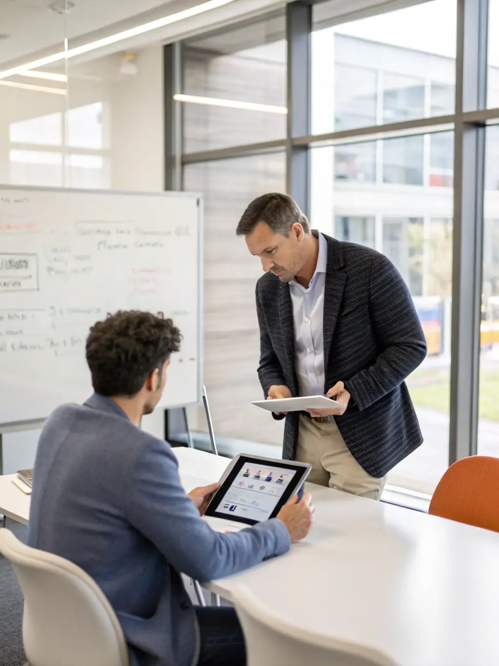 A consultant demonstrating a cloud-based application on a tablet to a client, showcasing its accessibility and scalability.