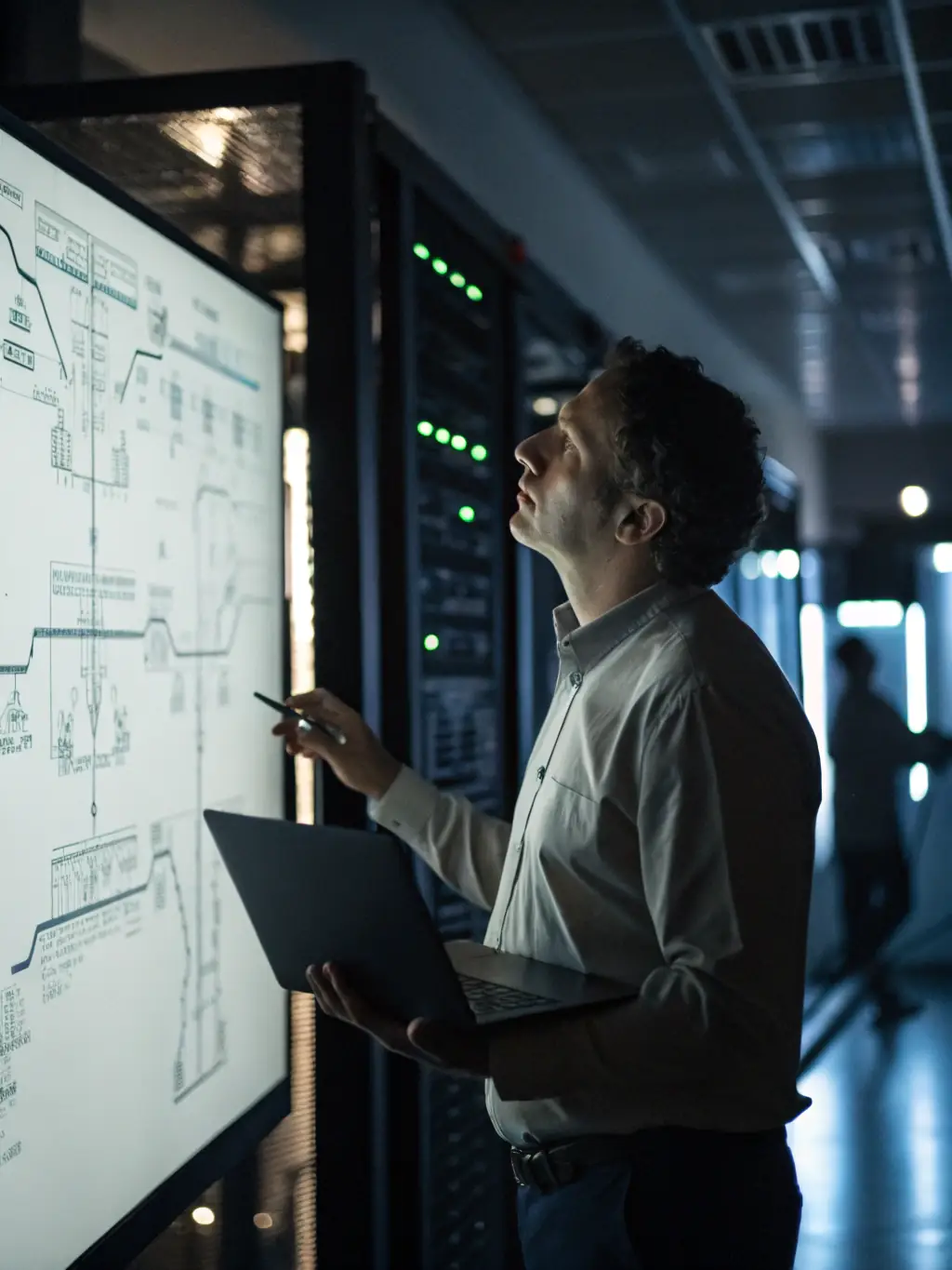 A consultant presenting a detailed network architecture diagram to a client, highlighting key components and security measures.
