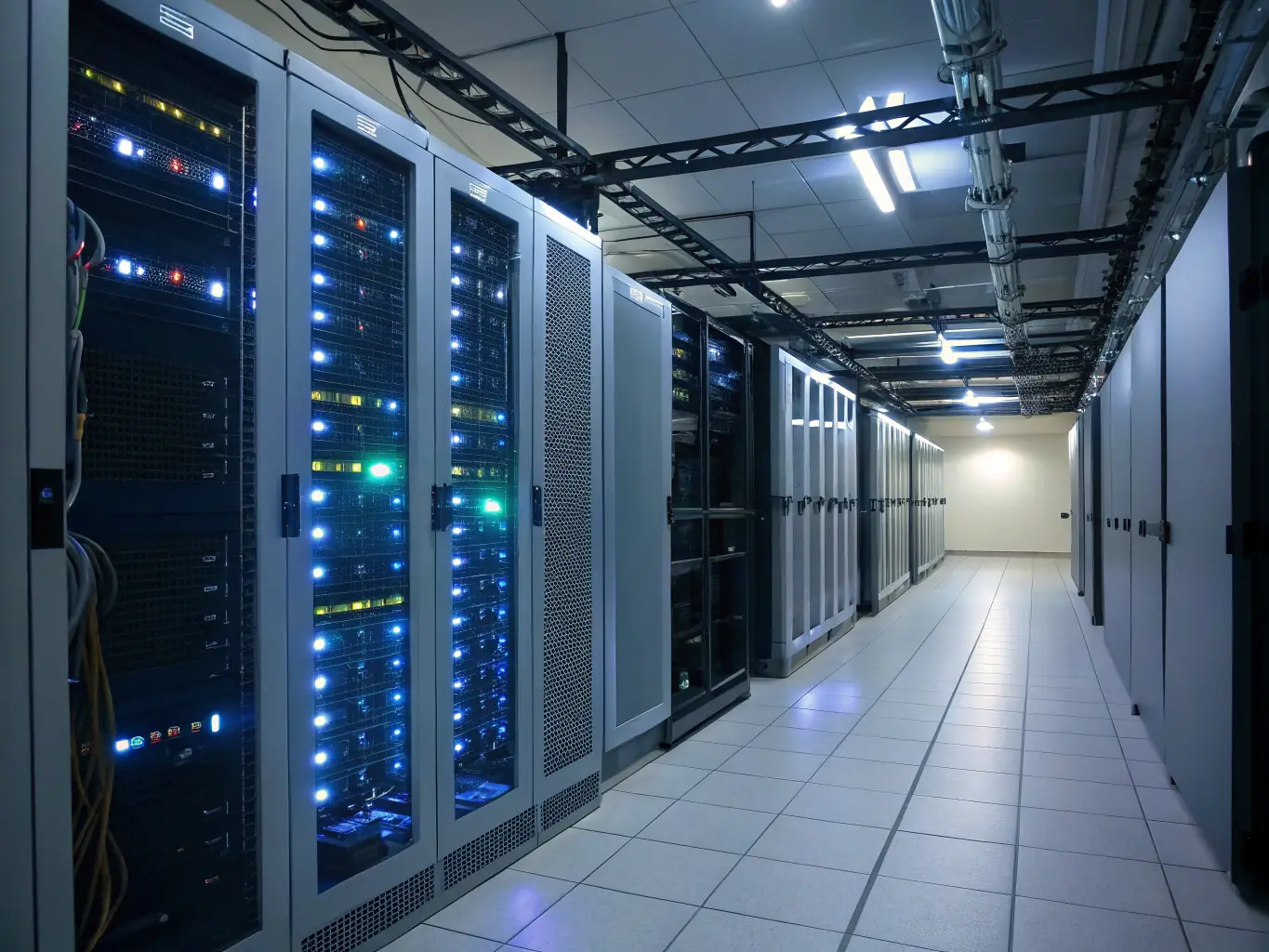 A secure cloud server room with blinking lights, symbolizing data security and accessibility.