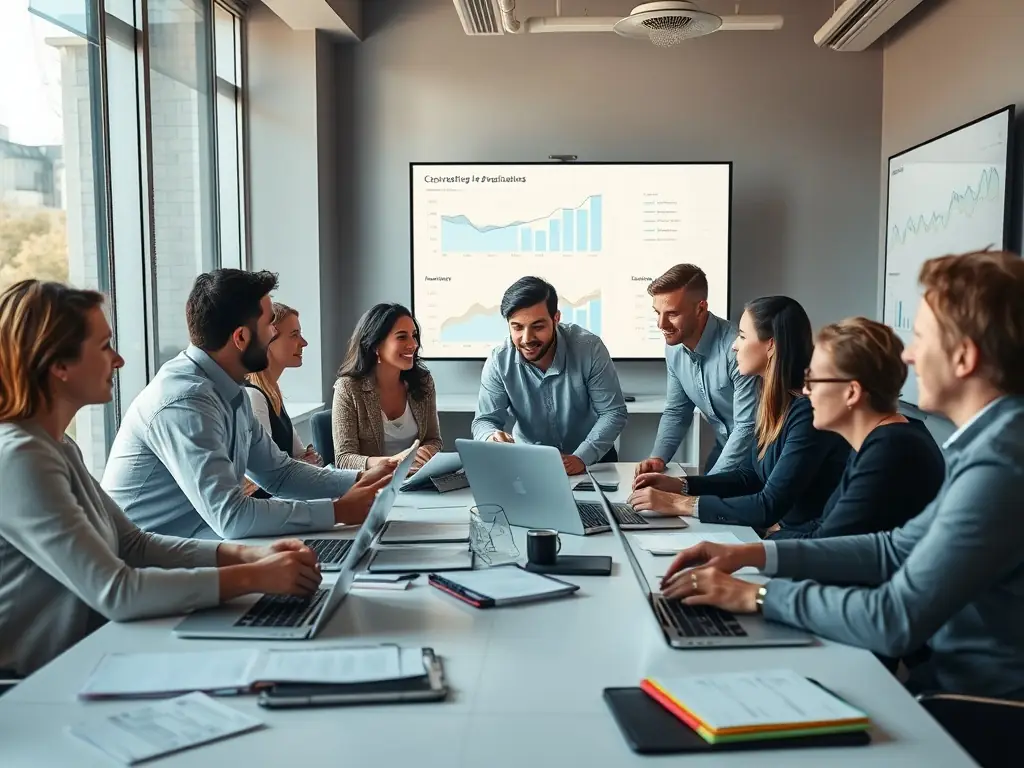A team of consultants brainstorming ideas in a brightly lit conference room, showcasing teamwork and problem-solving.