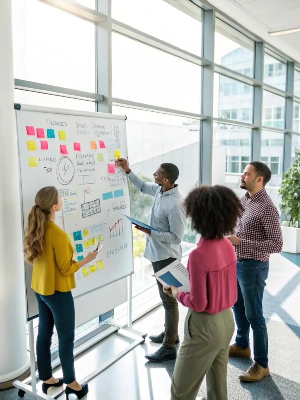 A diverse team of technology consultants brainstorming innovative solutions in a brightly lit, modern office. The image should convey collaboration and expertise.