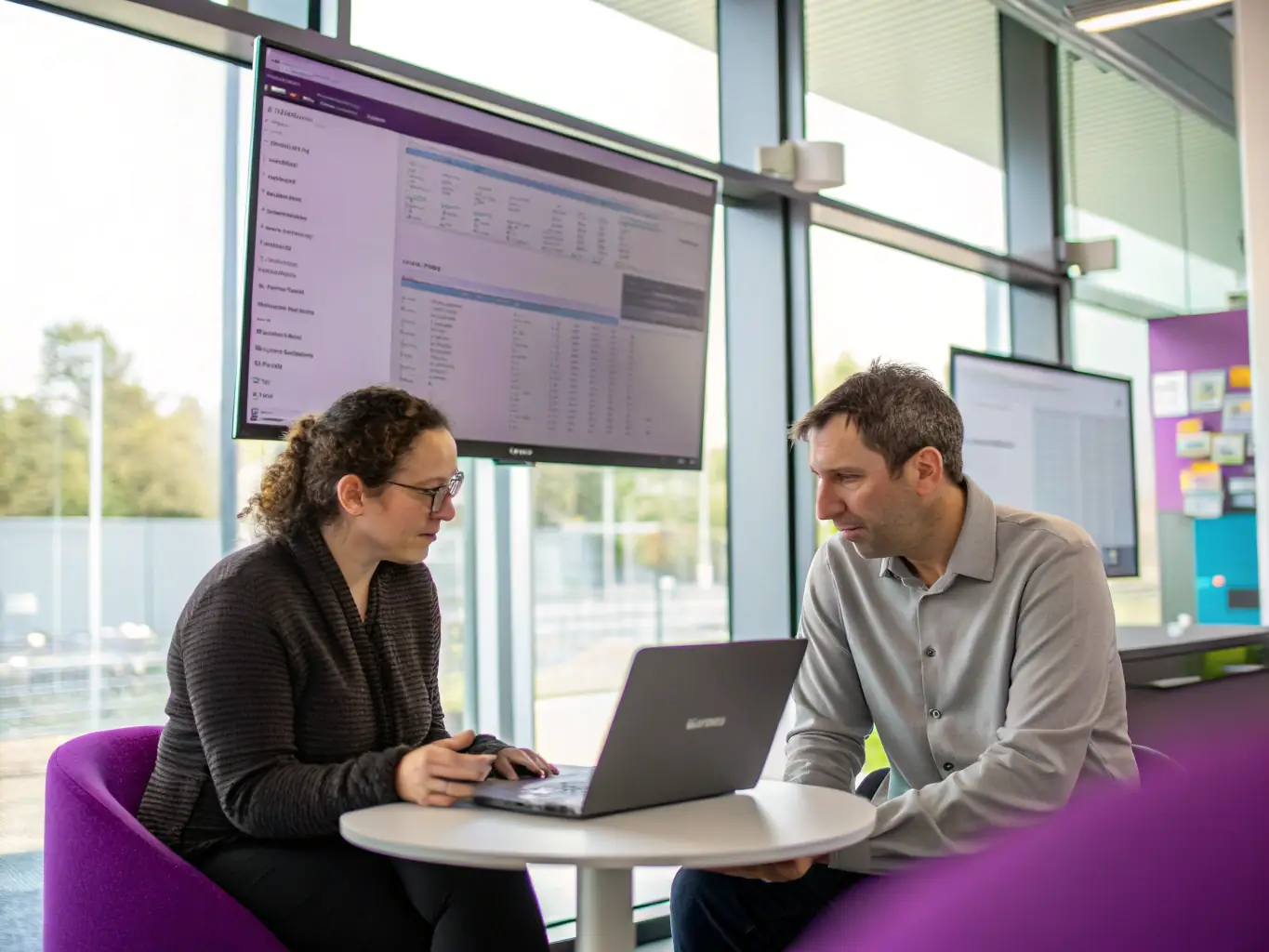 A consultant discussing technology solutions with a client in a modern office setting, emphasizing collaboration and innovation.