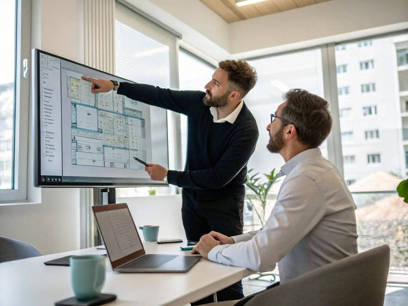 A consultant presenting a project plan to a client, using a whiteboard to illustrate key milestones and deliverables.