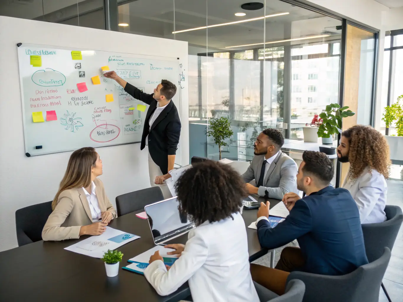 A diverse team of consultants collaborating around a table, brainstorming ideas and discussing strategies.