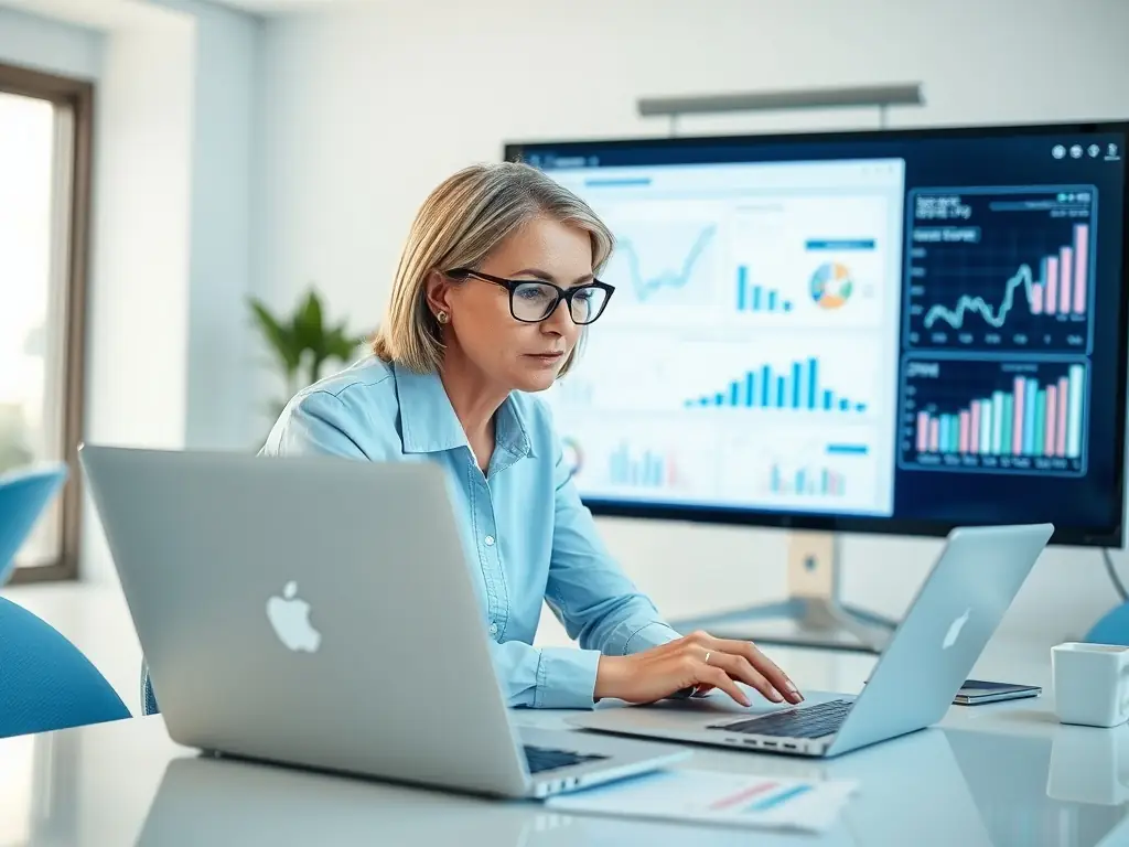 A consultant analyzing data on a laptop, with charts and graphs displayed on the screen, in a modern office setting.